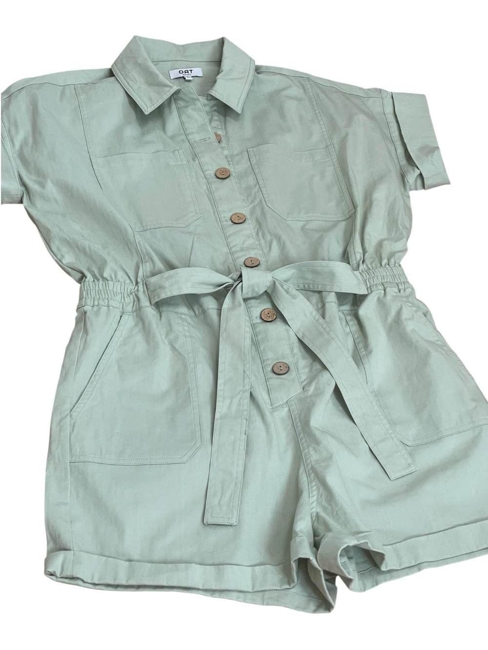 OAT Light Green Utility Jumper Romper Sz L 100% Cotton Shorts Short Sleeves